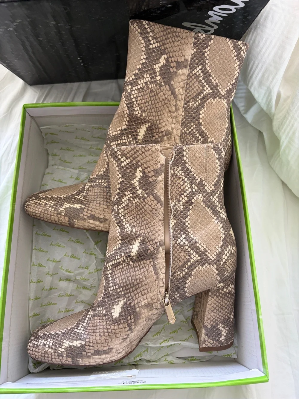 Sam Edelman Beige Snake-Print Block Heel Ankle Boots